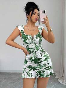 Vestido con volantes en el bajo y hombros descubiertos con estampado de lunares vintage, elegante y sexy vestido de verano con estampado floral pequeño y espalda descubierta al estilo francés - Verde - Ver 5
