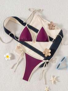 Random Floral Print Bikini Set For Beach Vacation - Bordeaux 2 - View 3
