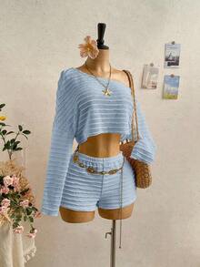 Conjunto informal de 2 piezas de top corto con cuello irregular y borde de lechuga, y shorts, en unicolor, para vacaciones, primavera/verano - Azul 2 - Ver 6
