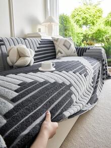 1pc Soft Chenille Striped Jacquard Sofa Blanket, Geometric Pattern, Minimalist Beige Style, All-Season Furniture Cover, Sofa Cover, Non-Slip, Dust-Proof, Wrinkle-Resistant, Wear-Resistant, Anti-Scratch Sofa Protector, Suitable For 1-4 Seater And L-Shaped Sofas - Dark Grey - View 7