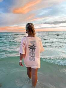 Women's Short-Sleeved T-Shirt With A Round Neck, Featuring A Minimalist Coconut Tree Print And Slogan. Simple And Versatile, Suitable For Everyday Wear And Vacations. Graphic T-Shirt, Women's, White, Black, Pink, Summer - 羅莎 - 查看 5