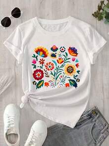 Nueva camiseta de cuello redondo para mujer, manga corta, holgada, casual y versátil con ‌ estampado de flores de moda ‌ , tejido suave y de buena caída - Blanco - Ver 2