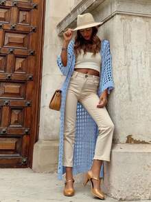 Women's Solid Color Vacation Matching Hollow-Out Long Cardigan - Blue - View 3