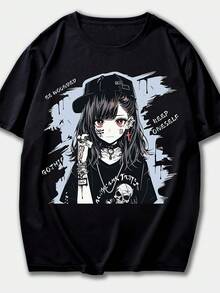 Graphic Tees Men Summer Collection Men's T-Shirt, Punk Anime Print T-Shirt, Round Neck Short Sleeve T-Shirt, Casual Street Style Knit Fabric Top, Suitable For Adults, Regular Fit For All Seasons - Black, Anime Apparel Style Summer Outfit, Father's Day Graduation Independence Day, For Men - 黑色 - 查看 6