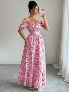 vestido de mujer con estampado digital, mangas abullonadas, nudo delantero, espalda descubierta y cintura ceñida.Elegante y chic para vacaciones, citas, estilizador y adelgazante - Rosa 2 - Ver 6