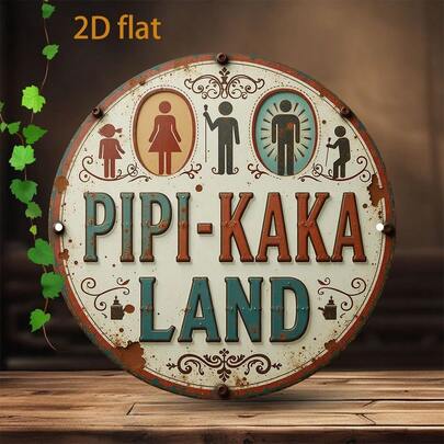1pc 2D Flat Printed Metal Tin Sign Plaque, 19.81cm Round Vintage "PIPI-KAKA LAND" Metal Sign Plate With Gender Symbol, Rustic Bathroom Decor, Easy To Install, Suitable For Home, Bar, Cafe
