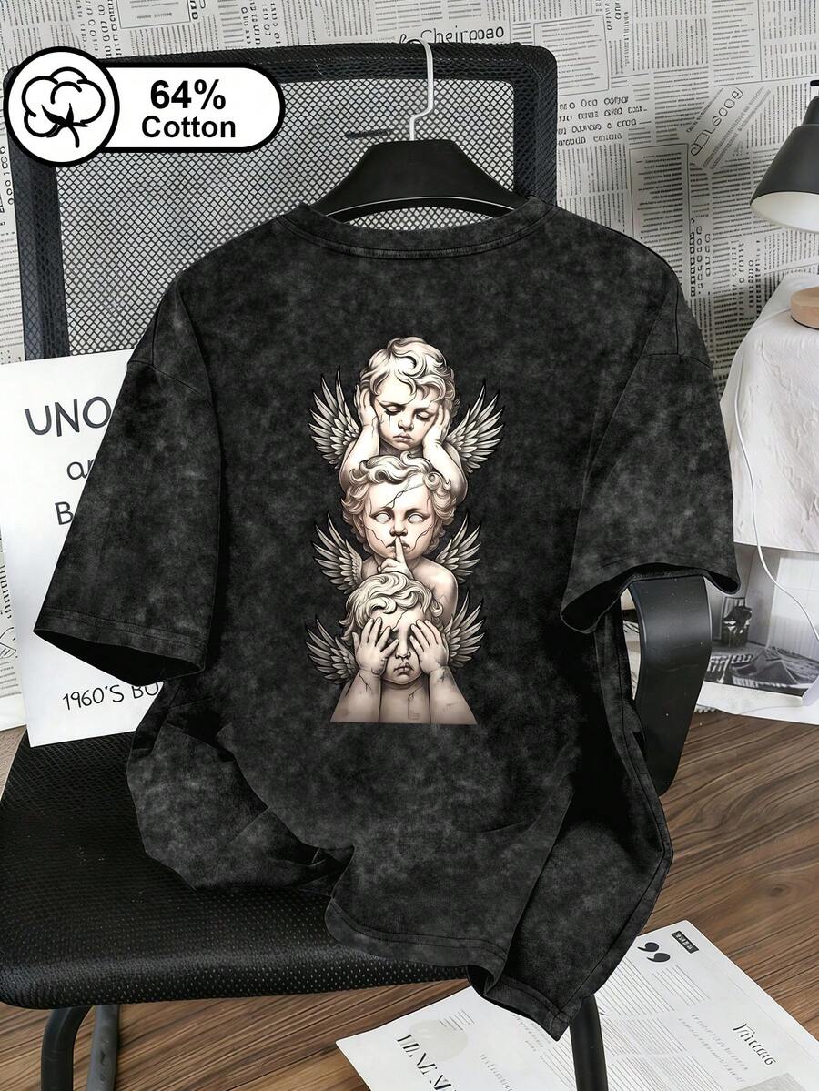大尺碼女款休閒短袖T恤 -「不聽惡、不說惡、不見惡」丘比特印花 - 復古水洗黑夏季款 - 黑色 - 查看 1