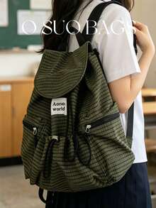 Large Capacity Fashionable Plaid Multi-Pocket Nylon Casual Backpack, Waterproof Lightweight Foldable Drawstring Patch Letter Travel Bag, Summer - Green - View 3