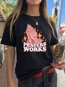 Camiseta de manga corta negra para mujer 2026 - Estampado de manos en oración cristiana y "Prayer Works" - Estilo vintage de ropa urbana de fe - Camiseta casual de verano - Negro - Ver 2