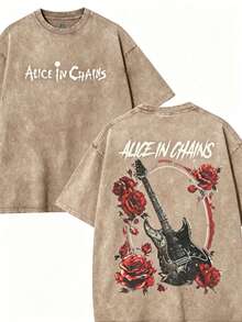 Alice In Chains Band T Shirts Washed Tee, Vintage Clothing Rock Concert Outfits, Oversize Streetwear Heavy Cotton Top, Unisex Alternative Metal Con - 咖啡色 - 查看 1