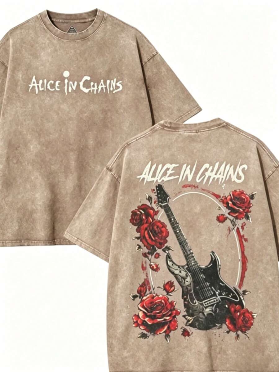 Alice In Chains Band T Shirts Washed Tee, Vintage Clothing Rock Concert Outfits, Oversize Streetwear Heavy Cotton Top, Unisex Alternative Metal Con - 咖啡色 - 查看 1