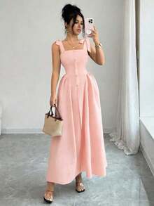 Nuevo vestido largo elegante y versátil para mujeres con textura de tiras y tejido bicolor ajustado para uso diario - Rosa - Ver 7