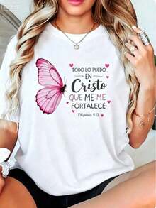 Camiseta Clásica para Mujer con Versículo Bíblico Cristiano y Mariposa Rosa - Blusa de Manga Corta% Cómoda para Iglesia, Reuniones de Oración y Atuendo Casual - Ropa de Fe Lavable aáquina (Diseño de Escritura Española) - Blusas casuales para mujer - Blanco - Ver 6
