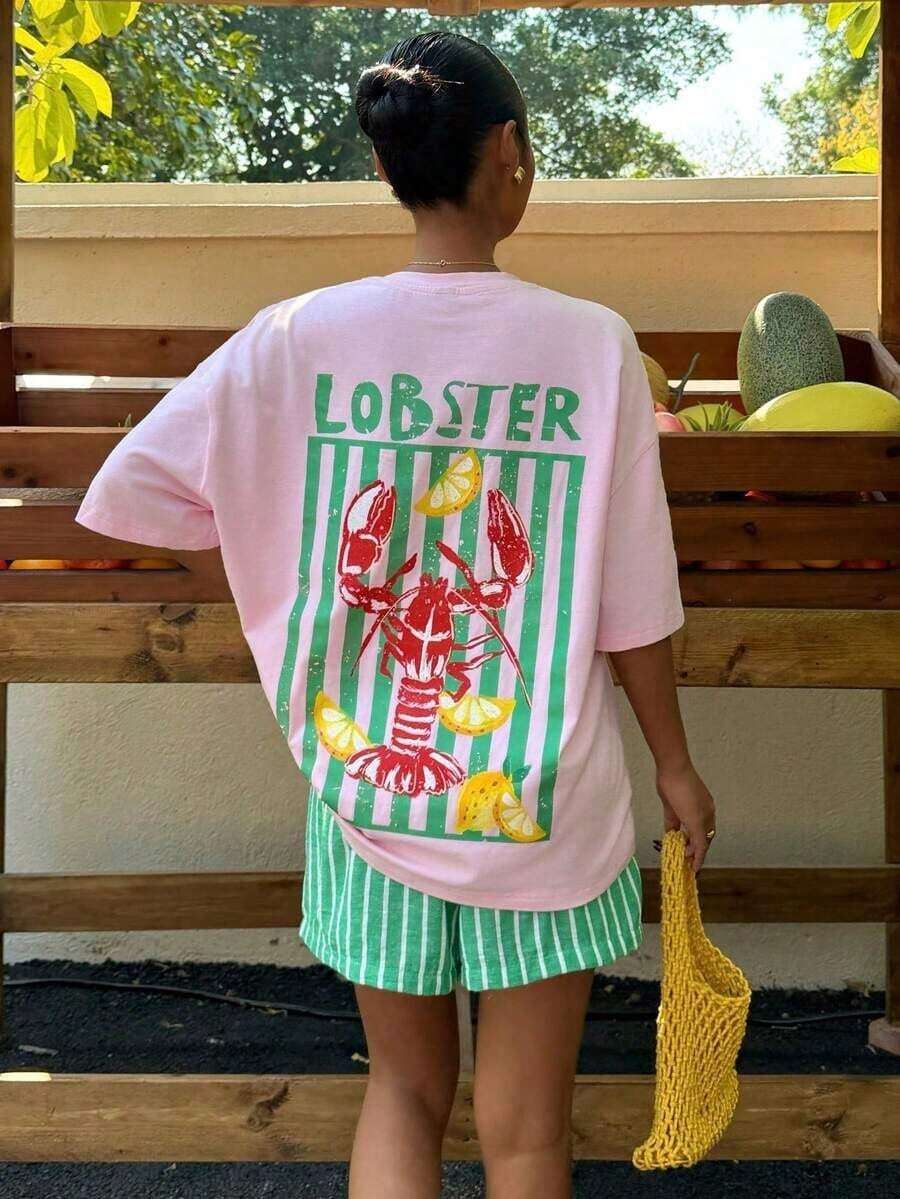 Muchic Women's Loose-Fit Raglan Sleeve T-Shirt With Striped And Letter Print, Pastel Colors, Perfect For Summer Beach Holidays, Graduation Trips, Beach Parties, And Music Festivals - 淺粉色 - 查看 1