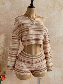 Conjunto informal de 2 piezas de top corto con cuello irregular y borde de lechuga, y shorts, en unicolor, para vacaciones, primavera/verano - Marrón - Ver 4