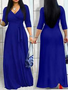 2026 Vestido azul ligero de mujer con cuello en V y cintura ceñida, elegante para primavera/verano - azul real - Ver 7