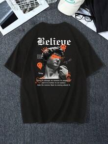 Camiseta hombre cuello redondo y manga corta. Estilo casual con estampados modernos y cómodos. Para hombres y mujeres, estilo pareja, pareja, camiseta de manga corta con estampado de moda - Negro - Ver 3