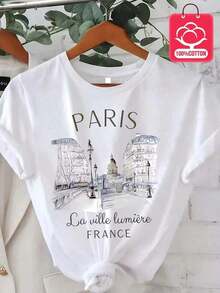 Camiseta de manga corta para mujer, 100% algodón de alta calidad, con diseño holgado, casual y versátil.Estampado moderno ideal para vacaciones, paseos o viajes.Perfecta como camiseta básica.Incluye 1 pieza. - Blanco - Ver 6