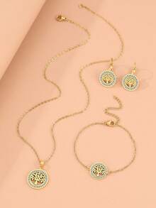 Set In Acciaio Inossidabile: Pendente A Forma Di Albero Del Denaro Con Dettagli Esclusivi Di Cristalli E Strass, Collana, Bracciale E Orecchini Come Regalo Di Nozze Per Donne - Dorato - Visualizzare 7