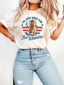Funny T-Shirt "I'm Only Here For The Sausages", Casual Cropped Blouse For Women, Retro Cotton Top With Humor, Streetwear Shirt - 白色 - 查看 6