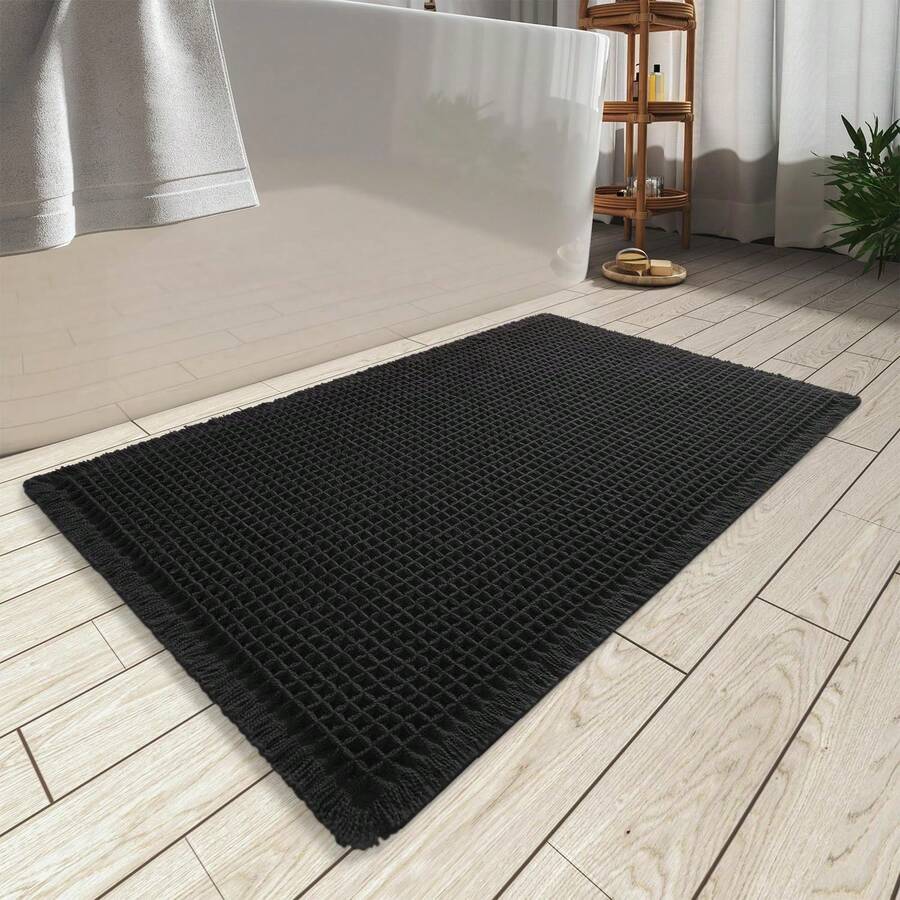 Waffle Bath Mat, Absorbent Non Slip Bathroom Rug With Tassels, Rubber Backed Floor Mat, Machine Washable Decorative Mat For Bathroom, 17" X 24", Brown - Black - 查看 1