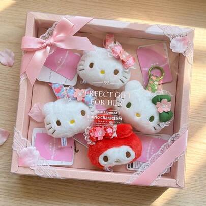 SANRIO 1个三丽鸥Hello Kitty My Melody毛绒娃娃头饰 - 日式和服花朵设计，可爱柔软的毛绒玩具，4种颜色可选