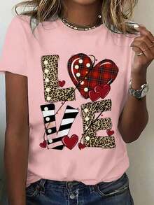 Camiseta holgada de manga corta con cuello redondo y estampado de pintura pintada a mano retro inglesa de amor para mujer - Rosa - Ver 9