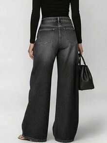 New Denim Jeans With Women's Metal Eyelets Design, Casual And Loose High Waisted Wide Leg Jeans - Black - View 2