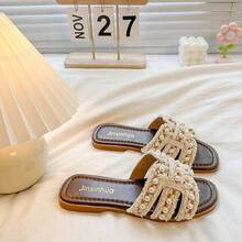 2026 Summer New Beige Pearl Versatile Slip-On Sandals, Flat Sole Beach Slippers For Women To Pair With Dresses - Beige - View 6
