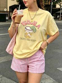 Printed Loose Short Sleeve T-Shirt + Striped Shorts Set Plus Size Women's Two Pieces Set Summer Outfit Vacation Wear Travel Outfit Beach Style Yellow Elegant - Yellow - View 2