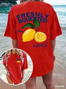 Camiseta de manga corta informal de verano para mujer, con estampado gráfico de "FRESHLY SQUEEZED" y "Lemon Vacation Atmosphere", de corte holgado y cuello redondo. Camisetas informales unisex para hombre y mujer. - Rojo - Ver 2