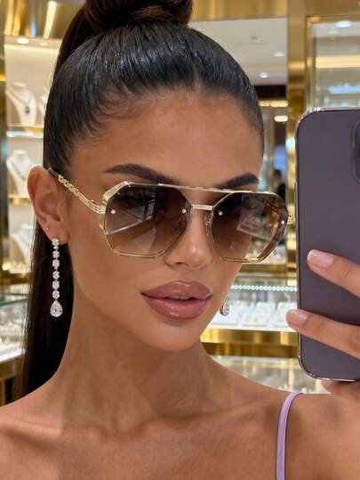 1pc Women's Metal Double Bridge Classic Aviator, Chain Leg Fashion Retro Punk Geometric Bohemian Y2K Street Neutral Shades Fashion Glasses, Suitable For Travel, Dating, Driving, Beach