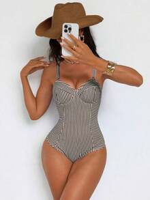 Traje de baño de una pieza con control de abdomen, con cordón, espalda descubierta, a rayas azul y blanco, con efecto push-up, para playa, resort y fiesta - Marrón Chocolate - Ver 7