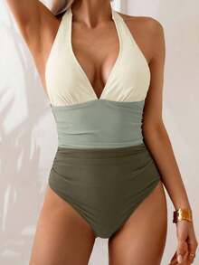 Traje de baño de una pieza con control de abdomen, estilo minimalista de unicolor, con escote halter y espalda descubierta, para vacaciones de verano en la playa - Multicolor 5 - Ver 6