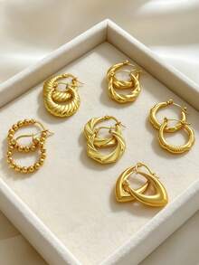 6件套金色不锈钢低过敏性圈形耳环，优雅女士耳环，独特纹理几何设计，18K镀金不锈钢耳环，轻盈低过敏，实心金属耳环，经典复古精致日常耳环 - 时尚夏季饰品，适合休闲、派对、海滩度假，送给女性/女孩的最佳礼物 - 油壓套裝 - 查看 6