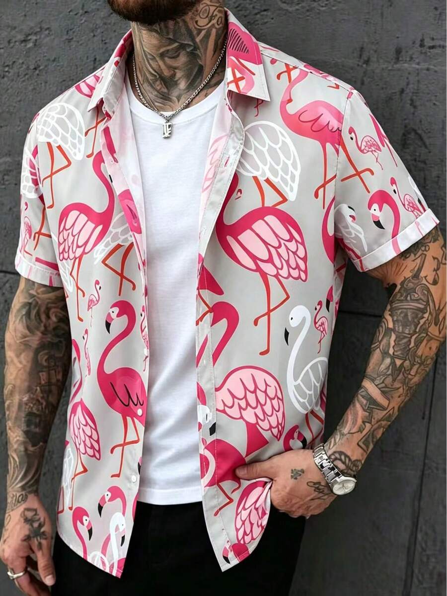 男士休闲火烈鸟印花短袖衬衫,夏季 - 灰色 - 查看 1