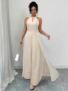 Mono elegante de mujer con cuello en V, cintura ajustable, sin mangas, de gasa con parches, y bajo translúcido - Albaricoque - Ver 3