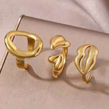 Bộ nhẫn hở bằng thép không gỉ mạ vàng, thiết kế hình bầu dục rỗng, hình trái tim 3D và hình môi, đa năng phù hợp đeo hàng ngày, đi làm và hẹn hò, không phai màu. - Vàng - Xem 4