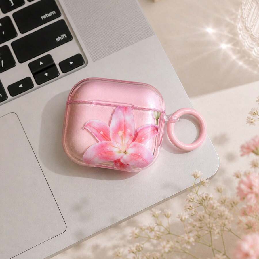 Ốp tai nghe trong suốt in hình hoa ly, có móc treo, chống sốc, mềm mại, tương thích với thế hệ 4/1/2, Pro 2/3/Pro 3, ốp bảo vệ tai nghe chống trầy xước dành cho nữ. - Màu Hồng baby - Xem 1