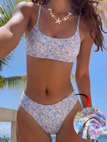 Conjunto de traje de baño para mujer, minimalista y elegante en magenta + multicolor, traje de baño casual y versátil para resort de playa - Púrpura malva - Ver 1