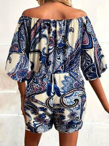 Mono corto elegante con estampado floral y hombros descubiertos para mujer, ideal para vacaciones, trabajo y uso informal - Azul - Ver 2