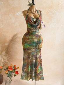 Vestido de playa sexy con estampado de leopardo, decoración de metal y espalda descubierta para mujer - Multicolor 2 - Ver 5