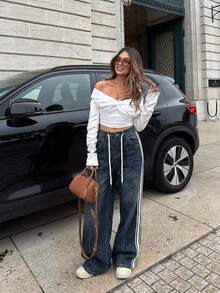Quần jeans ống đứng dáng rộng cạp cao, có dây rút, thiết kế mới, giúp thon gọn vóc dáng. - Màu xanh lam - Xem 4