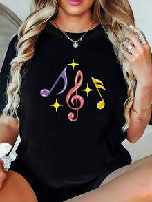 Camiseta manga corta cuello redondo 100% algodón, estampado trendy, tejido ligero y ventilado, estilo moda casual, apta para vida diaria, salidas informales y citas en primavera, verano y otoño - Negro - Ver 8