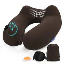 Inflatable Travel Neck Pillow For Airplane, Head Support Velvet Adult Neck Pillow For Long Flight, Kit With Eye Mask, Earplugs And Storage Bag, 1, Brown - Brown - View 7