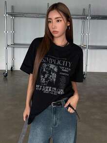 Camiseta oversize con estampado de eslogan: "ABRÁCAME EL FUTURO SIMPLICIDAD DEJA QUE EL AMOR BRILLE ALIENTA MI VIDA ESTÁ LLENA DE FELICIDAD APROVECHA EL DÍA"Pure-Cotton - Negro - Ver 5