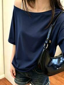女款露肩白色短袖T恤，高彈性常規聚酯纖維上衣，適合休閒日常與辦公穿著夏季 - 藍色 - 查看 9