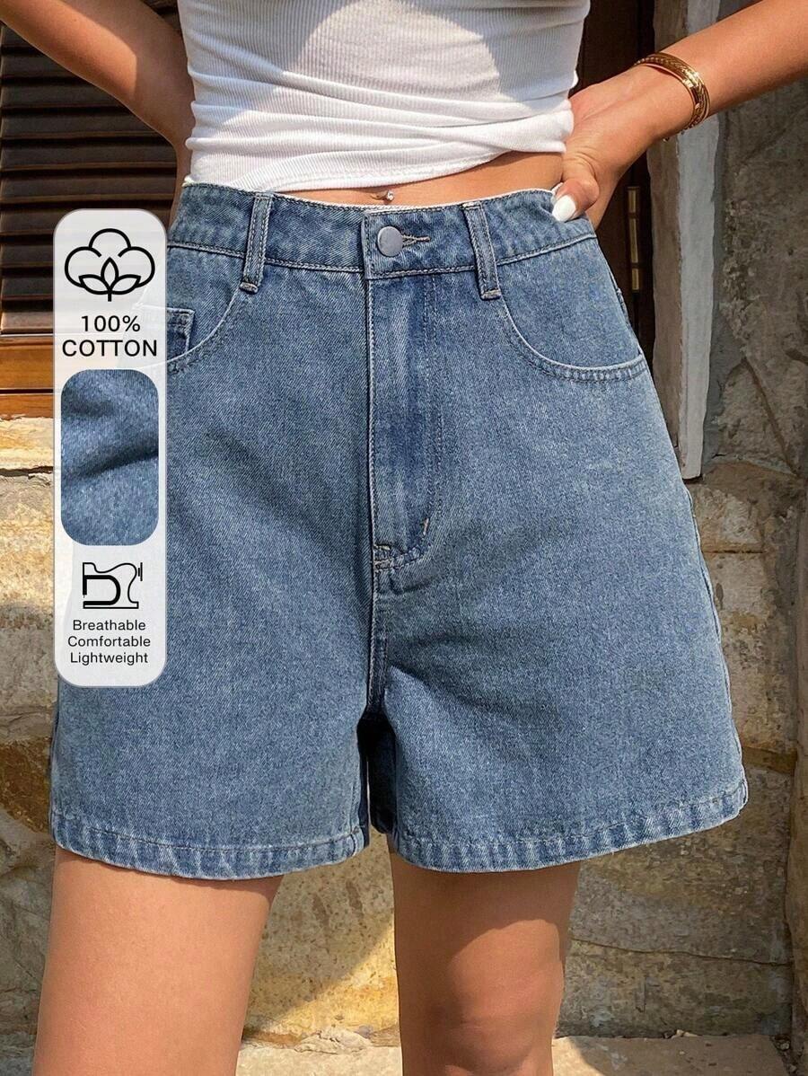 shorts vaqueros informales y sueltos con efecto desgastado para mujer - Azul lavado medio - Ver 1