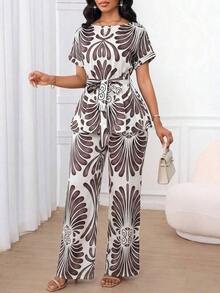 Lady Conjunto de dos piezas de mujer con top de manga corta y pantalones rectos sueltos, de unicolor, tela jacquard casual y elegante, cintura suelta y bajo en A. Apto para usar en primavera, verano y otoño. Atuendos de oficina, de vuelta al colegio, de iglesia, de salida y modestos para el aeropuerto. - Multicolor 2 - Ver 5