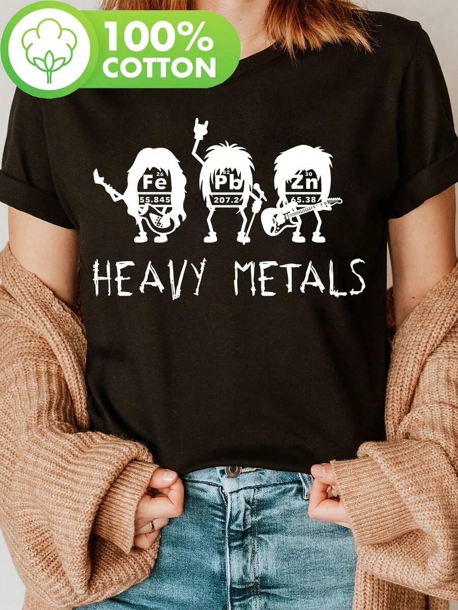 Three Short, Black-Haired Dwarves Playing Guitar; A Futuristic Chemist; A Chemistry Joke For Science Day; A T-Shirt With A Microscope Print; A Casual Short-Sleeved, Round-Neck Blouse, Ideal For Spring And Summer; Women's Clothing. BAVS - 黑色 - 查看 1